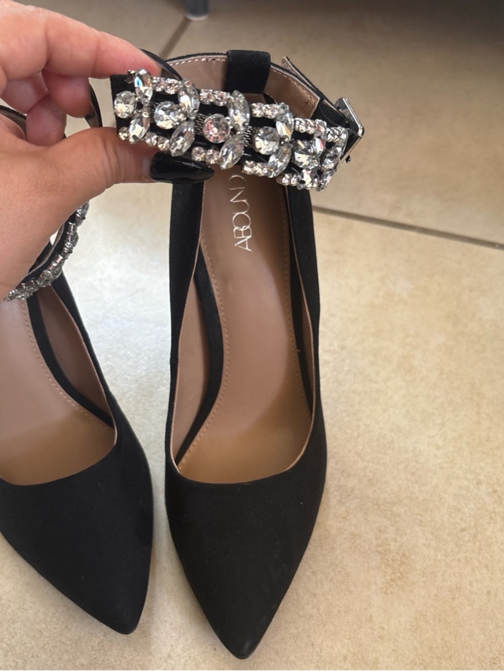 Abound Black Suede Pointed Toe Ankle Strap Pumps with Crystal Accent - Picture 3 of 8